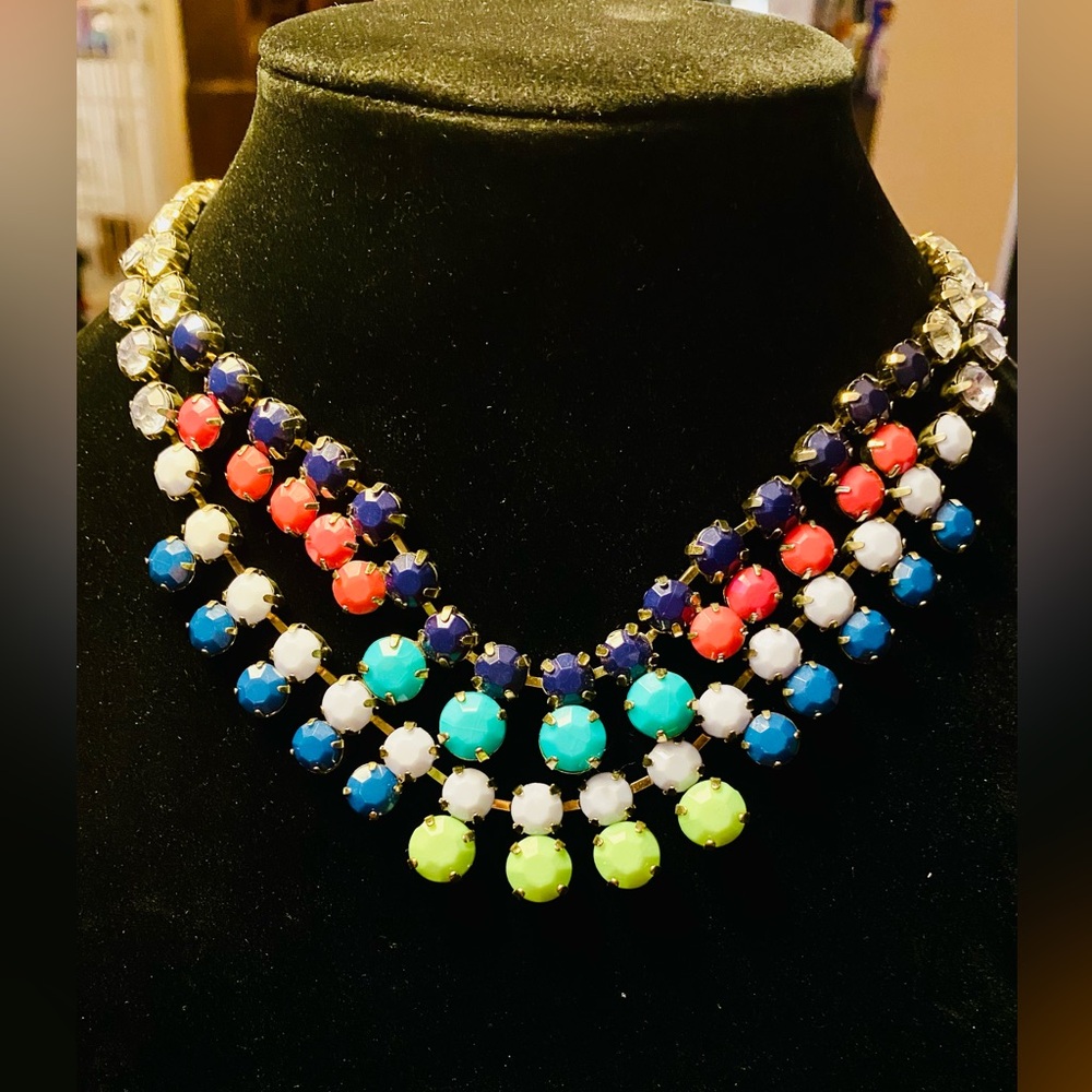 Two J Crew silvertone lucite gem colorblock neon colorpop statement necklaces